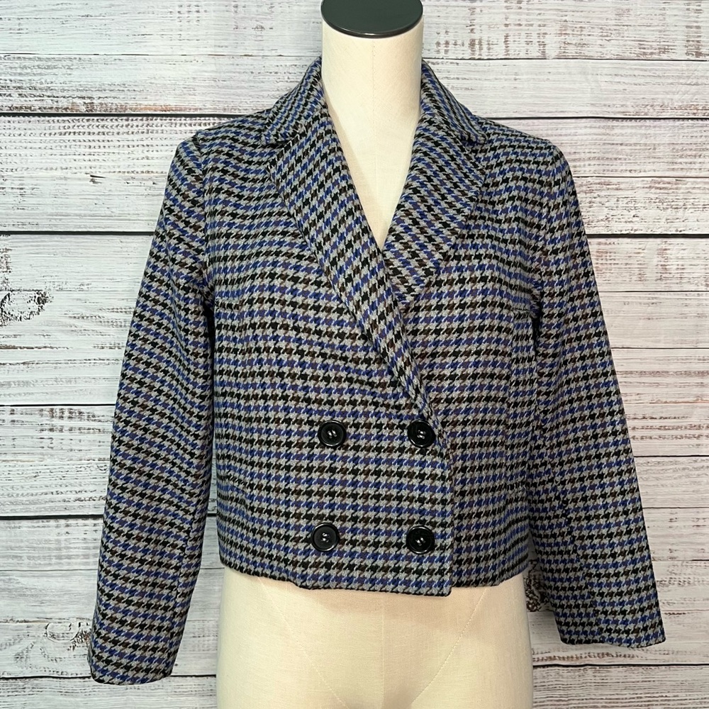 Treasure and Bond Houndstooth Half Jacket Blazer Blue Gray Black